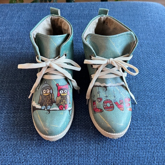 🦉 Limarki OWL LOVE Faux-Leather Ankle Boots Women's 6.5 (EU37) Cozy Artsy Vibes - Picture 1 of 8